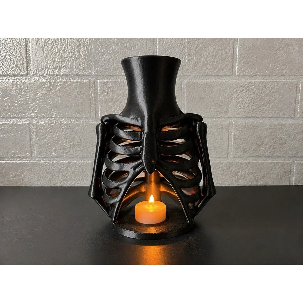 3D Printed Skeleton Ribcage 8” Vase Gothic Halloween Decor Tealight Holder Black